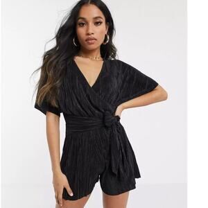 ASOS DESIGN plisse wrap tie romper short sleeves black size 12